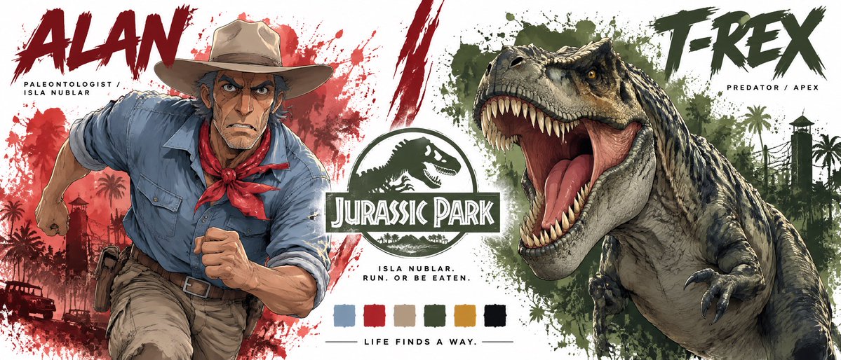 “为 ALAN 与 T-REX 制作一张高端电影感角色圣经设定图。严格使用已上传的角色设定图作为两人的视觉参考。不得改变任何一方的外观。, 图片 1