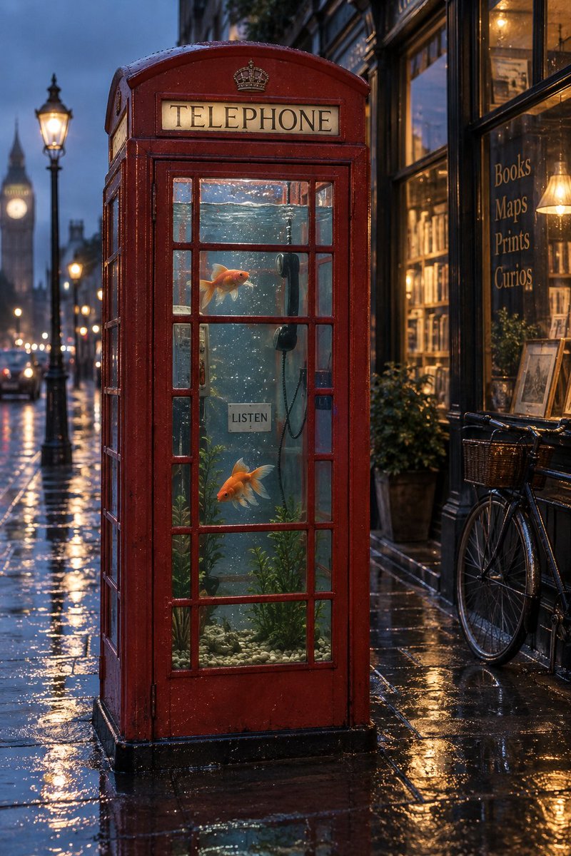 A photorealistic rainy street. A red phone booth is filled to the roof with cle…