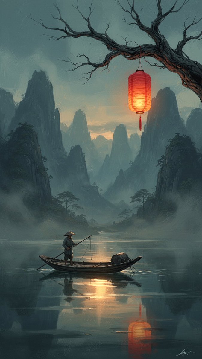 忧郁的东方神话风格黄昏风景插画:一位孤独的渔夫站在一艘小木船上,漂浮于静谧薄雾的水面上,层叠的蓝灰色山影渐渐隐入雾中,一根光秃扭曲的树枝从画面…, 图片 1