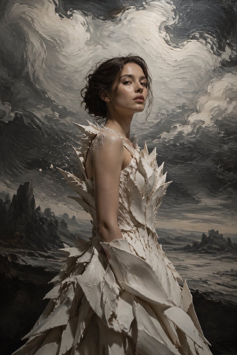 A photorealistic-meets-oil hybrid. A woman in a sculpted gown of white porcelai…