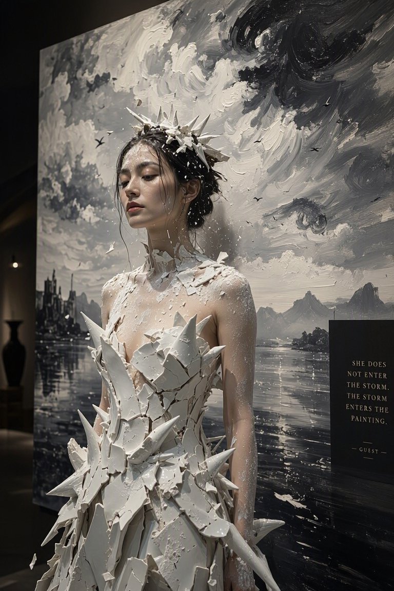 一张照片写实与油画混合风格的作品。一位女子身穿由白色瓷质尖刺塑形而成的长裙,伫立在广阔的单色天空之中;那片天空明显是一幅油画,笔触凝固在半空,…, 图片 2