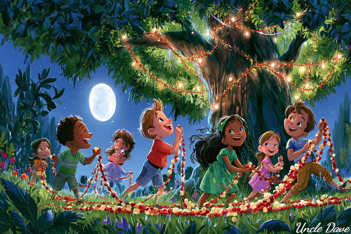 Across a vibrant, moonlit meadow, a group of children diligently string cranber…