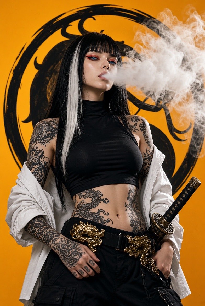 一位20岁出头的年轻女性,留着黑色长直发,一侧垂下醒目的白色发绺,齐刘海,锐利的蓝眼睛描着红眼线,皮肤苍白水润。双臂布满精致的黑色龙纹身,延伸…, 图片 1