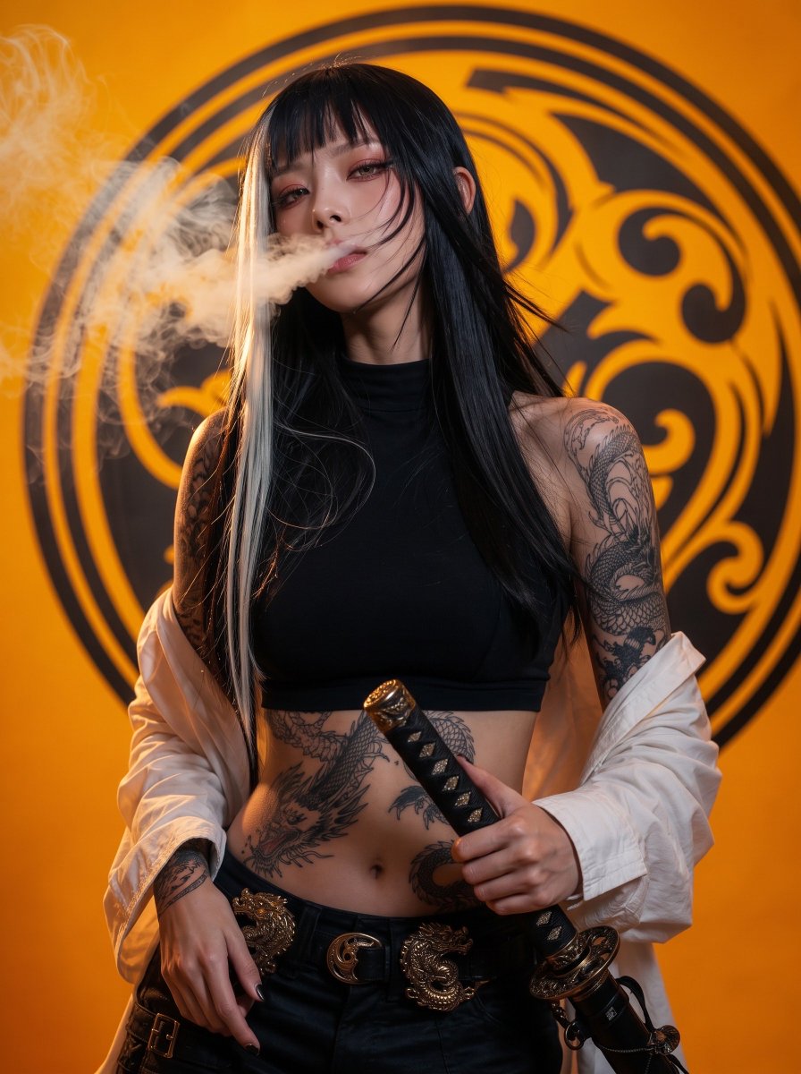 一位20岁出头的年轻女性,留着黑色长直发,一侧垂下醒目的白色发绺,齐刘海,锐利的蓝眼睛描着红眼线,皮肤苍白水润。双臂布满精致的黑色龙纹身,延伸…, 图片 2