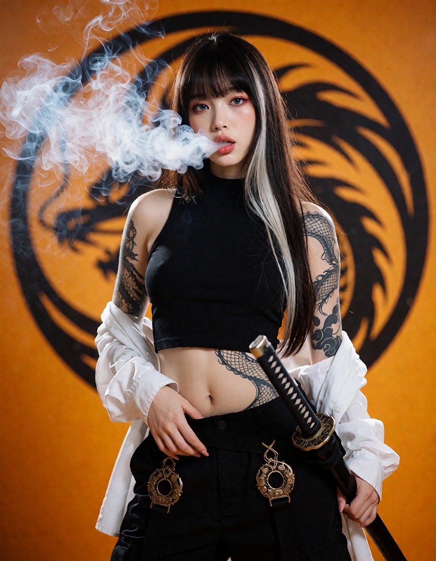 一位20岁出头的年轻女性,留着黑色长直发,一侧垂下醒目的白色发绺,齐刘海,锐利的蓝眼睛描着红眼线,皮肤苍白水润。双臂布满精致的黑色龙纹身,延伸…, 图片 3