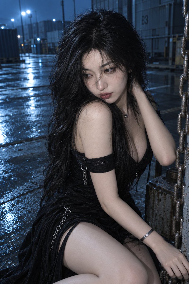 2:3 竖幅,真人写实夜间时尚人像,一名成年东亚女性极近距离靠近镜头,上半身明显向前俯压,头部微微低下,双眼从低头姿态自然向上看向镜头,一只手…, 图片 3