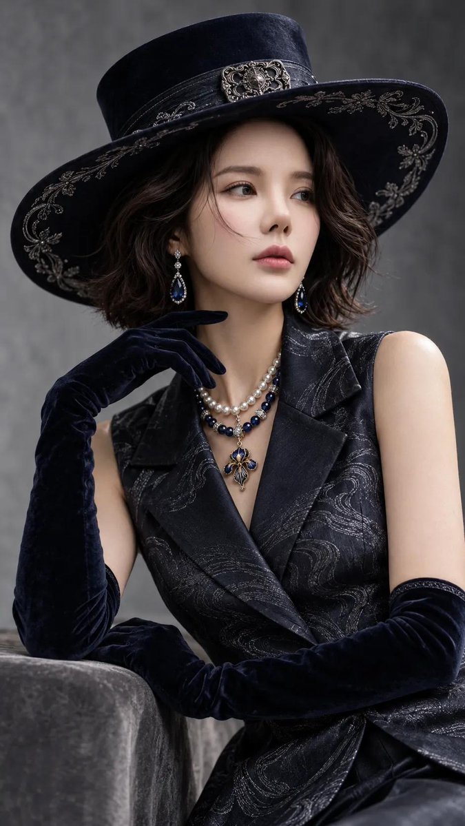 高端时尚摄影棚人像:一位优雅的东亚女性,留着波浪形深色短发,头戴一顶宽檐黑色天鹅绒高顶礼帽,帽檐饰有精致的银色刺绣,帽带配有金属复古搭扣。她身…, 图片 1