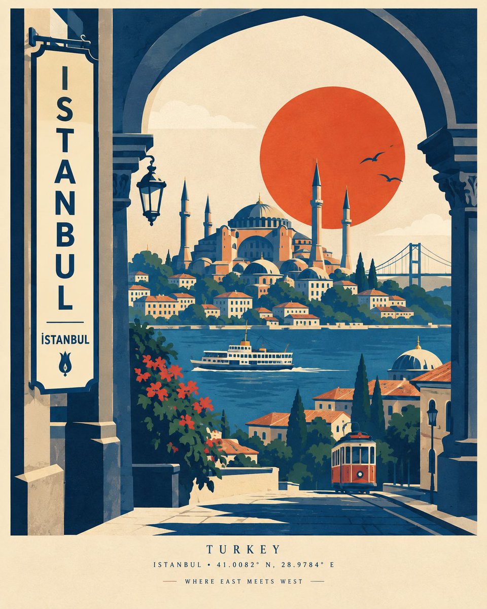为 [CITY, COUNTRY] 创作一张高端现代的旅行海报，灵感源自大胆的复古丝网印刷风格与中世纪平面设计，但采用原创的建筑门廊式构图。, 图片 1