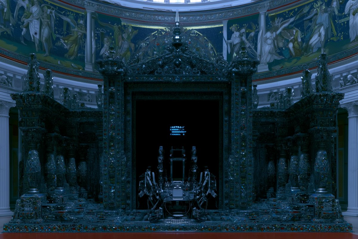 一张对称的广角镜头，画面中是一座由大理石和彩色宝石制成的古希腊宗教祭坛；祭坛正中央有一件神秘的科技装置，装置上有一个小型 ASCII 显示屏，…, 图片 1