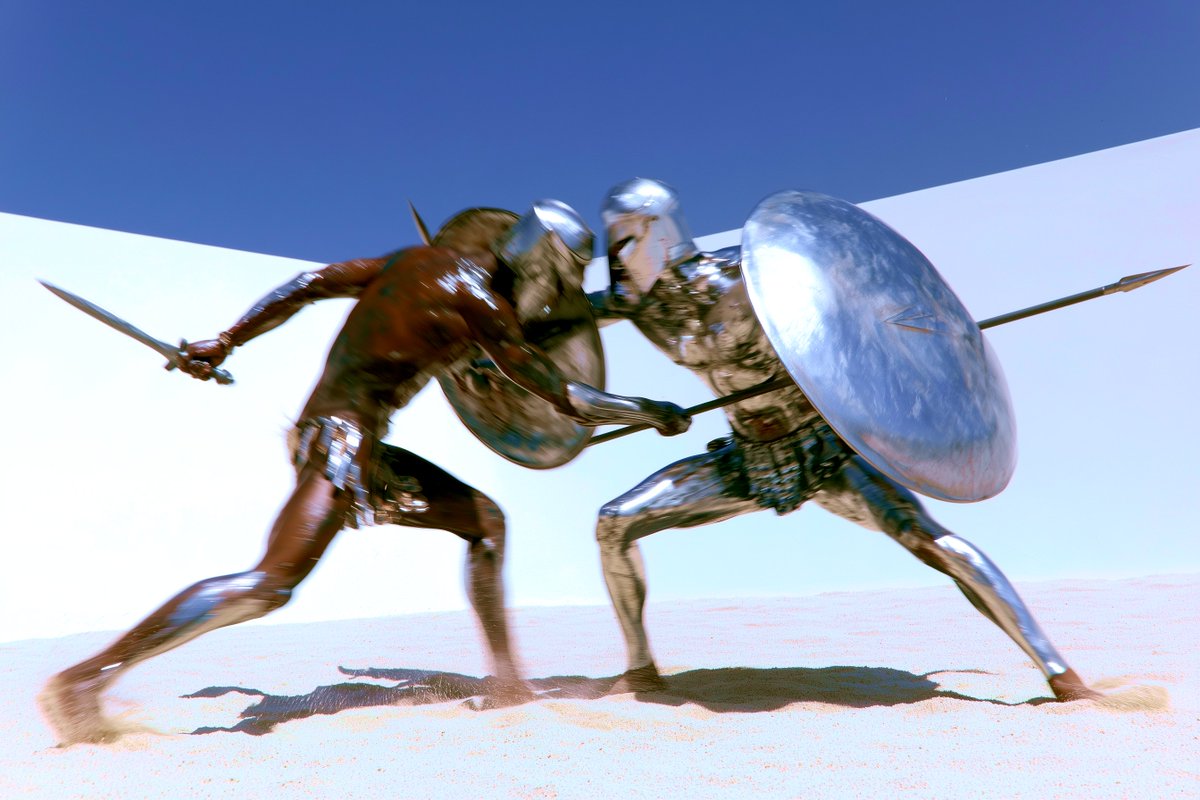 Two Greek warriors in peak athletic condition fight in the sandy courtyard of a…