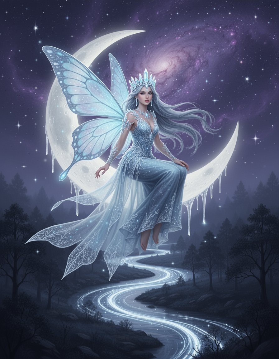 杰作,超精细,8k,数字照片级真实感插画,梦幻的夜晚场景,一位空灵的冰蓝色仙女,拥有半透明发光的蝴蝶翅膀,精致的晶体王冠,飘逸的银蓝色长发随风…, 图片 1