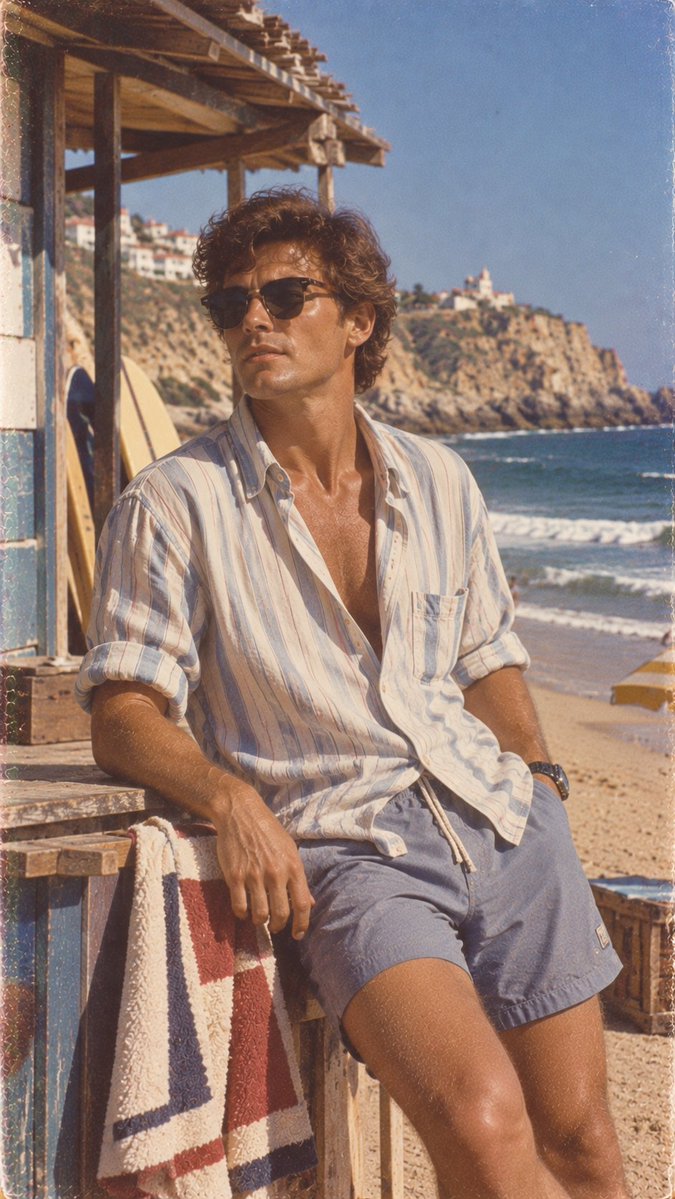 创作一张超写实的复古 1980 年代风格照片,画面中一位明显成年的葡萄牙女性(二十五六岁左右)正在葡萄牙海岸的阳光海滩上享受时光。她拥有自然的…, 图片 3