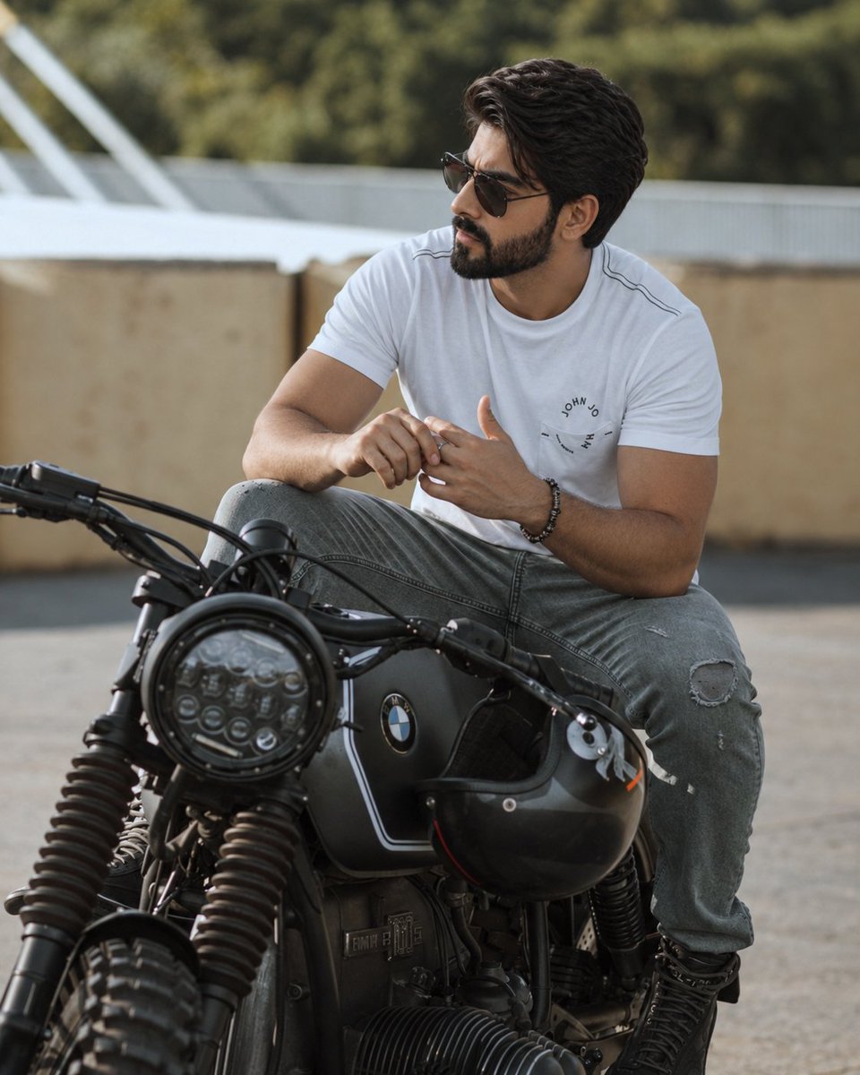 A hyper-realistic cinematic portrait of a stylish young bearded man wearing dar…