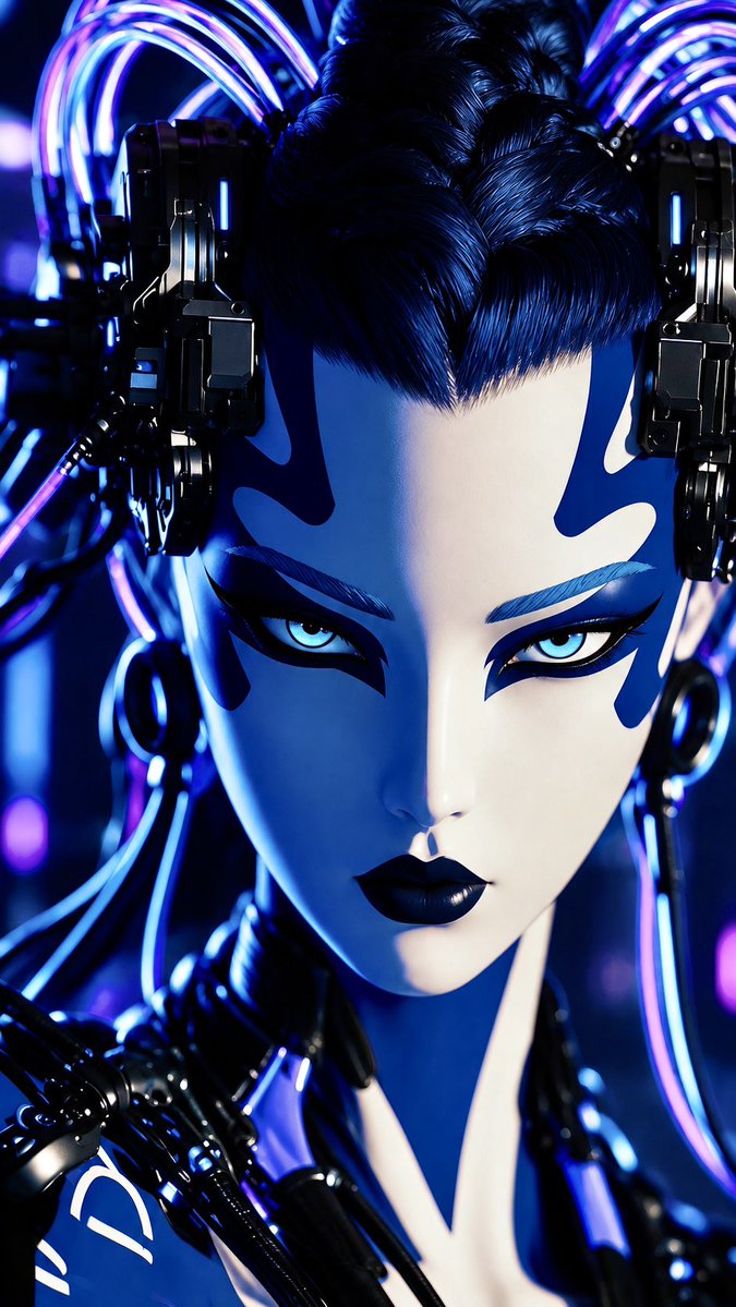 Extreme close-up portrait of a futuristic cyberpunk woman with an elongated, sc…