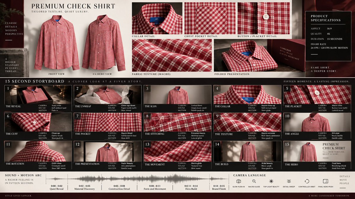 Create a high-end cinematic product sheet + storyboard board in 16:9 landscape …