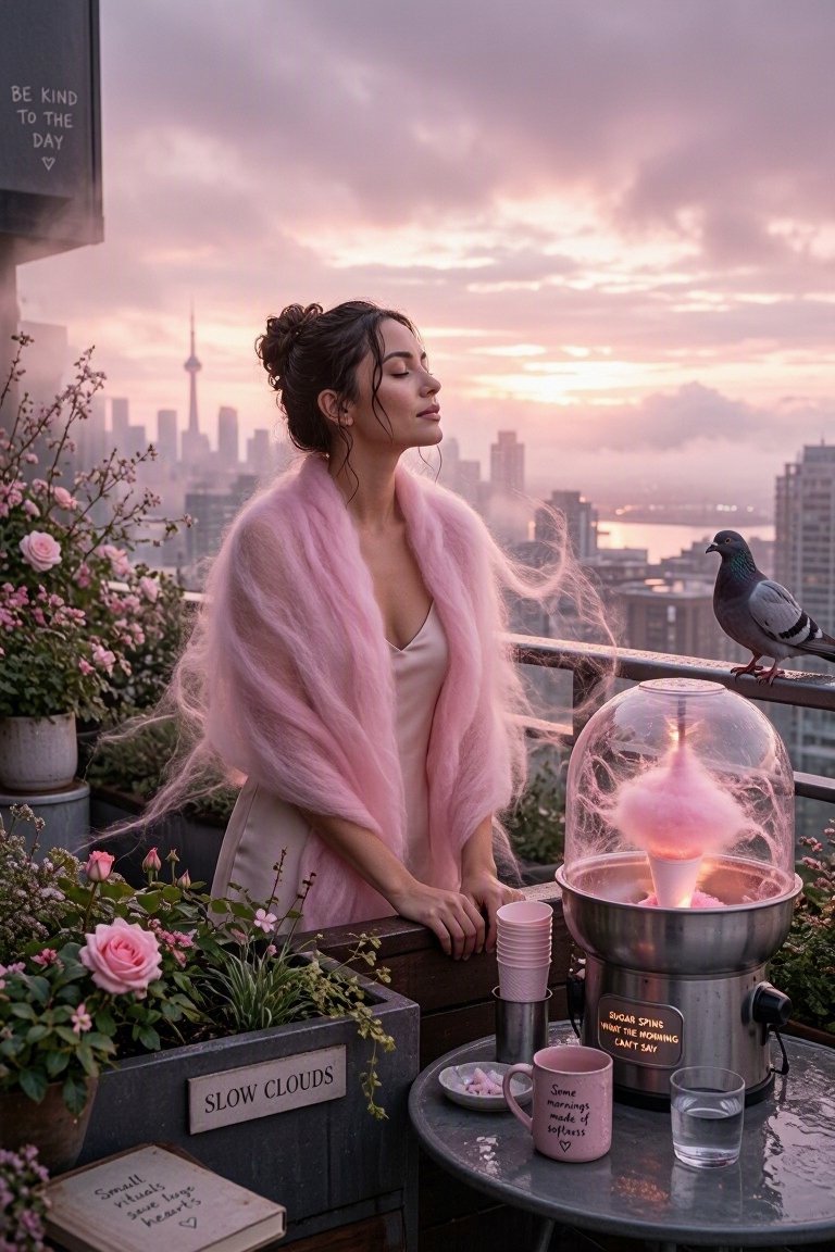 拂晓时分，一个屋顶花园中的写实画面。一位女子站在花箱边缘，身披一缕旋转云朵织成的披肩，色彩为柔和的棉花糖粉色，纤维仍在微微飘散。她身旁的桌上有…, 图片 2