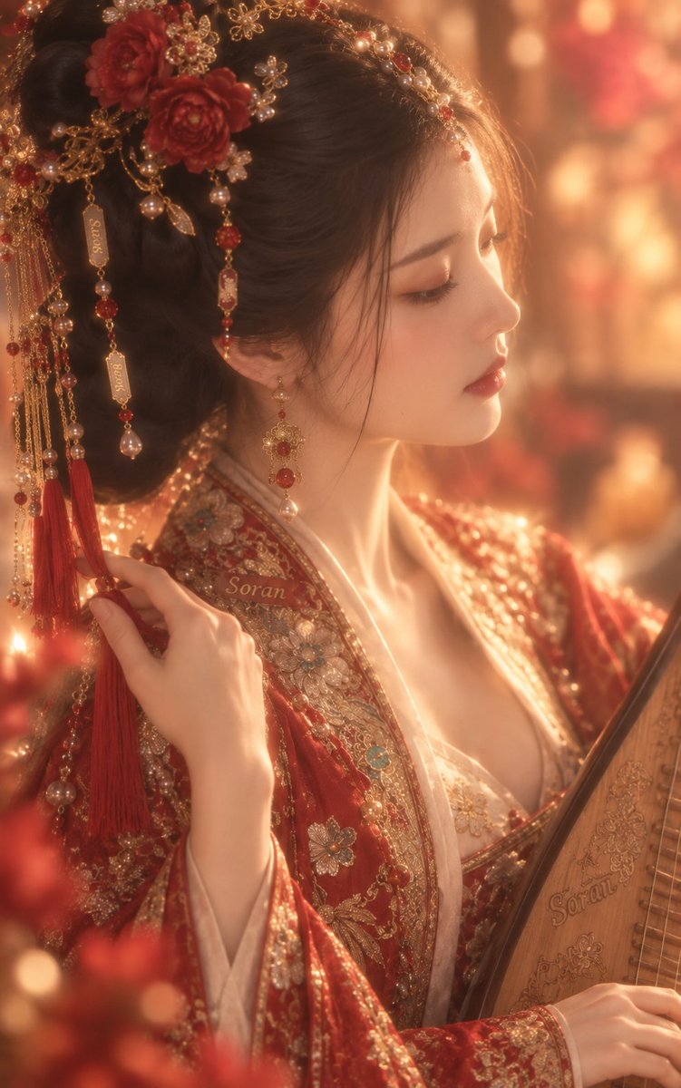 5:8 竖幅，真人写实古风近景人像，成年东亚女性，极近距离胸像构图，人物占据画面大部分区域，身体轻微侧转，头部向右下方低垂，呈清晰的三分之二侧…, 图片 3