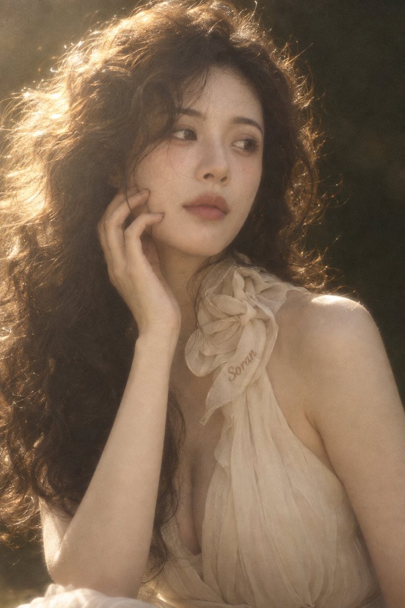 2:3 竖幅，真人写实复古梦幻人像，成年东亚女性近距离胸像，人物身体轻微向右侧转动，头部略微倾斜，脸呈自然三分之二角度。一只手缓慢抬到脸侧，指…, 图片 1