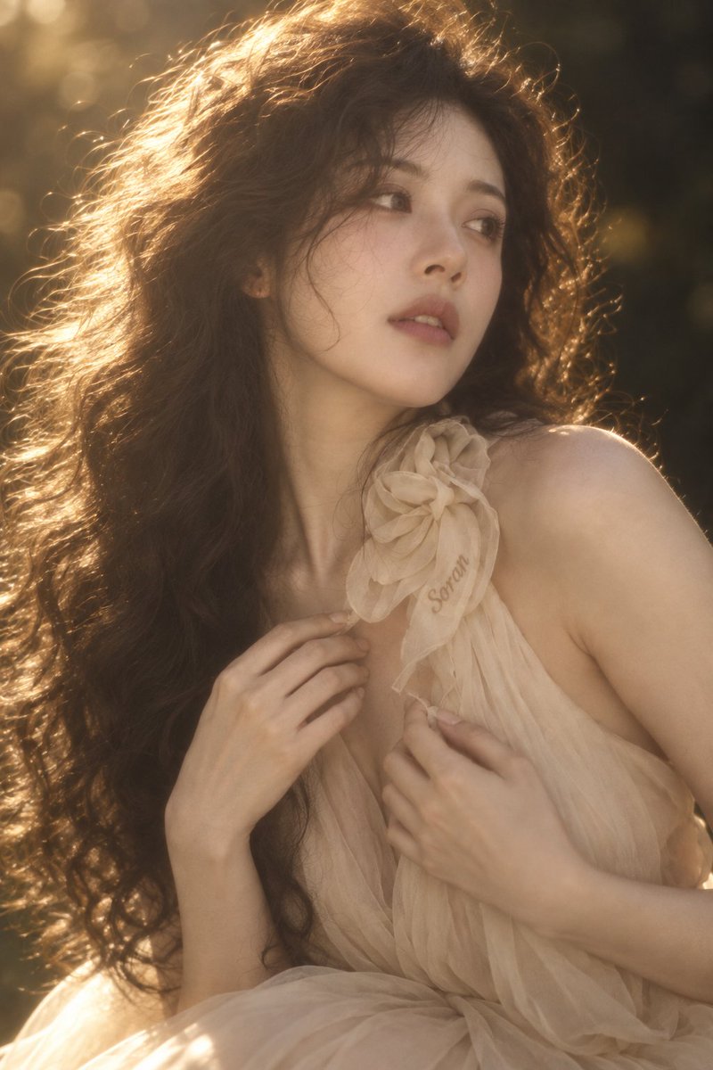 2:3 竖幅，真人写实复古梦幻人像，成年东亚女性近距离胸像，人物身体轻微向右侧转动，头部略微倾斜，脸呈自然三分之二角度。一只手缓慢抬到脸侧，指…, 图片 3