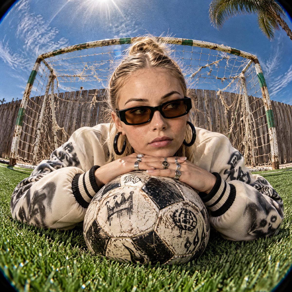 Ultra-wide 15mm fisheye editorial photograph, camera resting directly on bright…