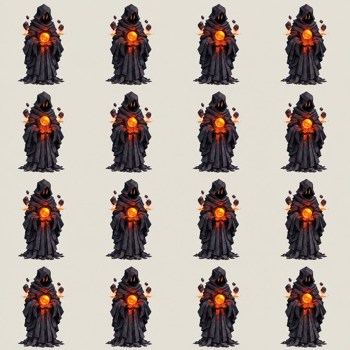 Create a game-ready 4x4 sprite sheet with exactly 16 animation frames, arranged…