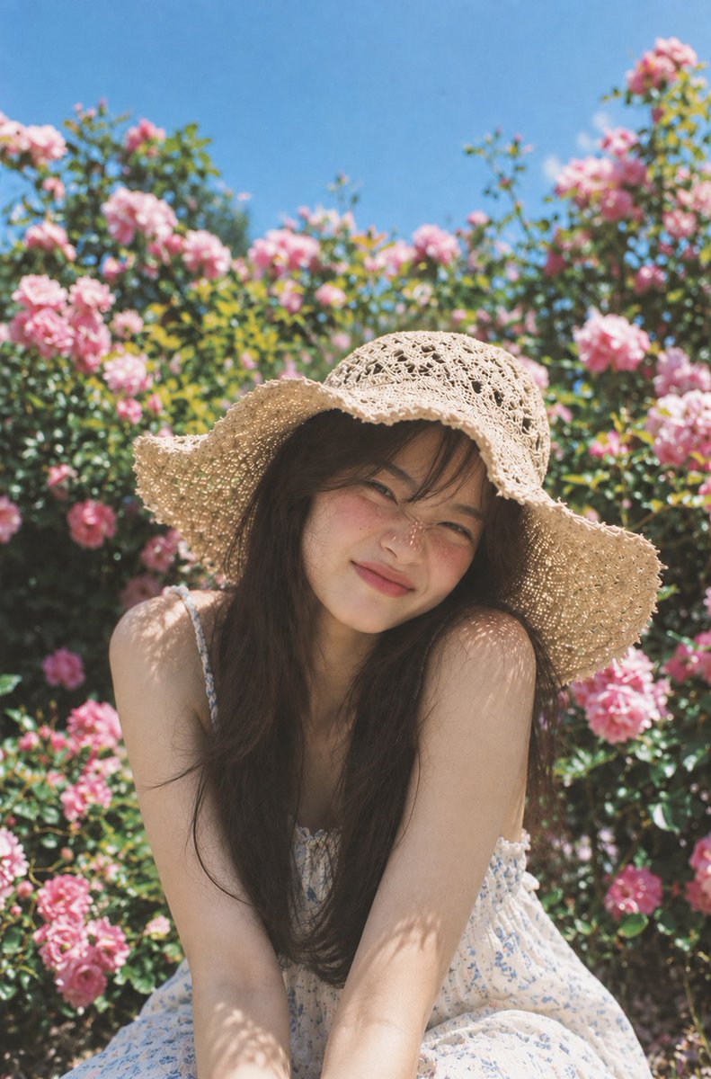 一张高度逼真的抓拍户外人像照,拍摄于一个明亮的夏日午后,一位年轻成年亚洲女性坐在一片郁郁葱葱的玫瑰花园中。她有着长长的、自然松散的深棕色头发,…, 图片 1