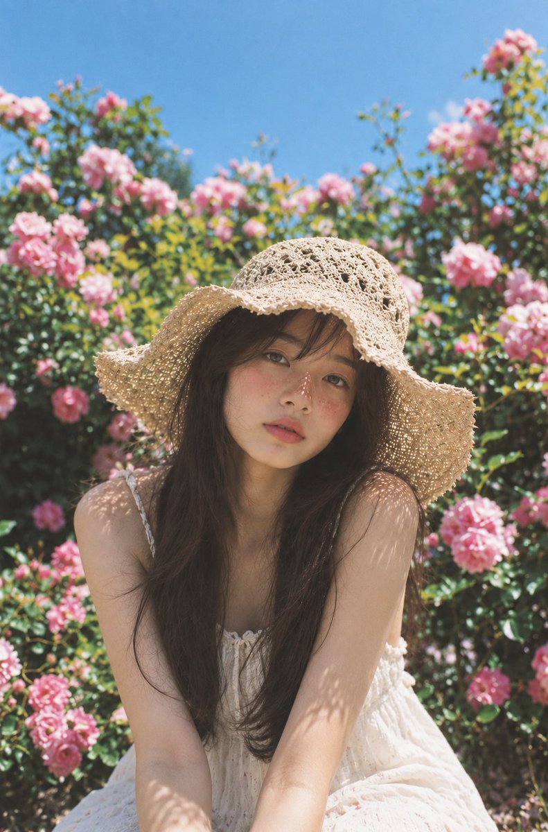 一张高度逼真的抓拍户外人像照,拍摄于一个明亮的夏日午后,一位年轻成年亚洲女性坐在一片郁郁葱葱的玫瑰花园中。她有着长长的、自然松散的深棕色头发,…, 图片 2