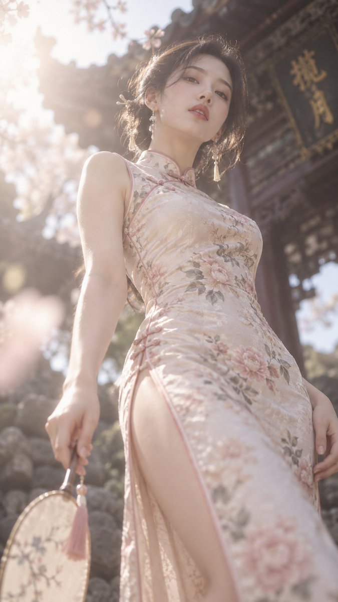 9:16,旗袍,溢出柔和光辉,梦幻模糊,仰视低角度镜头,纤细高挑模特 https://t.co/q3NqKb96Sb, 图片 1