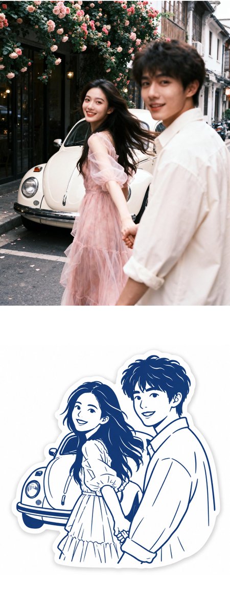 将所附图片转化为一张极简的藏蓝与白色手绘模切贴纸插画。, 图片 2