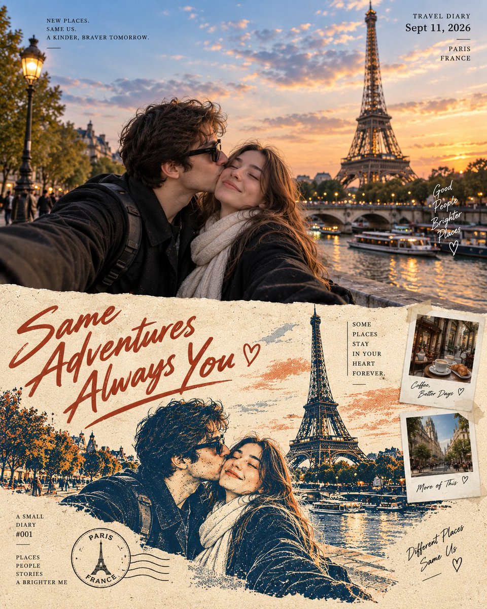 Create a vertical 4:5 cinematic travel-diary poster built around one be…, 图片 1