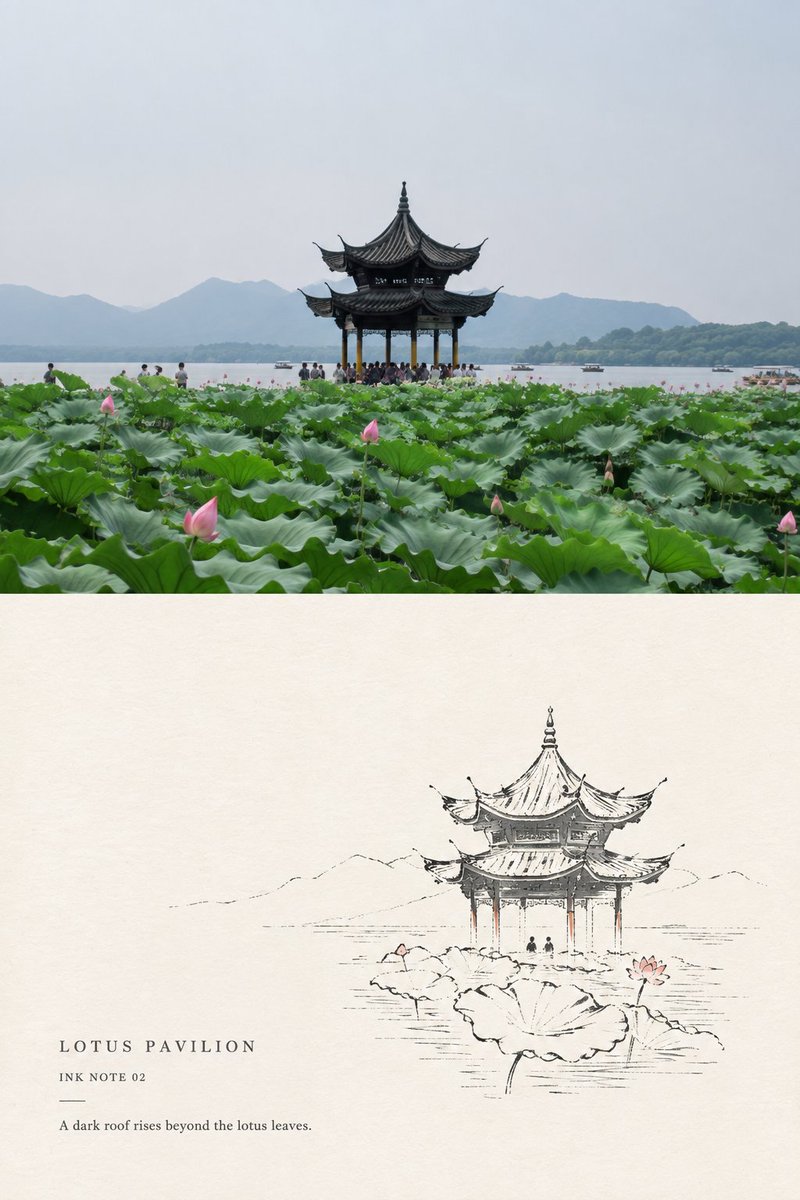 请将我上传的每一张旅行照片分别制作成一张独立的「极简墨线风景小笺」对比海报,不多图拼接,每张照片单独输出。, 图片 2