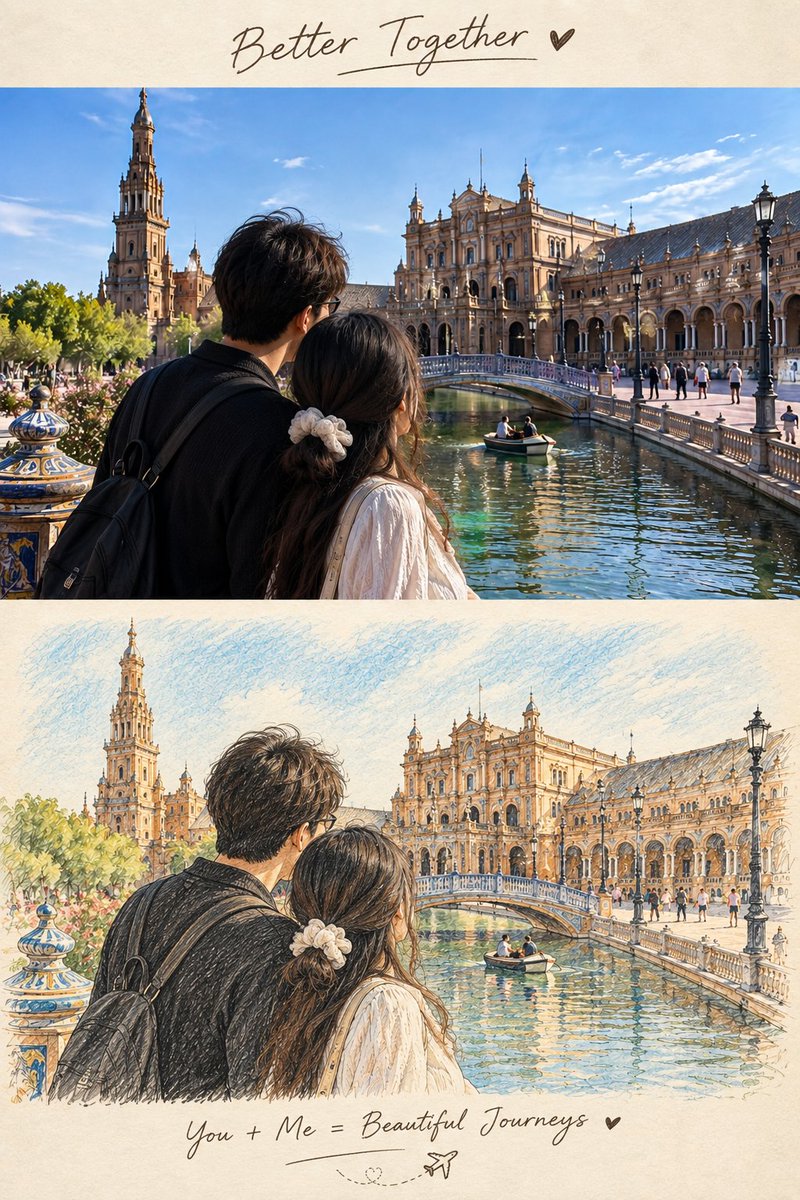 创建一个高级的竖版旅行日记海报,采用精确的 50/50 对半分割布局。, 图片 1