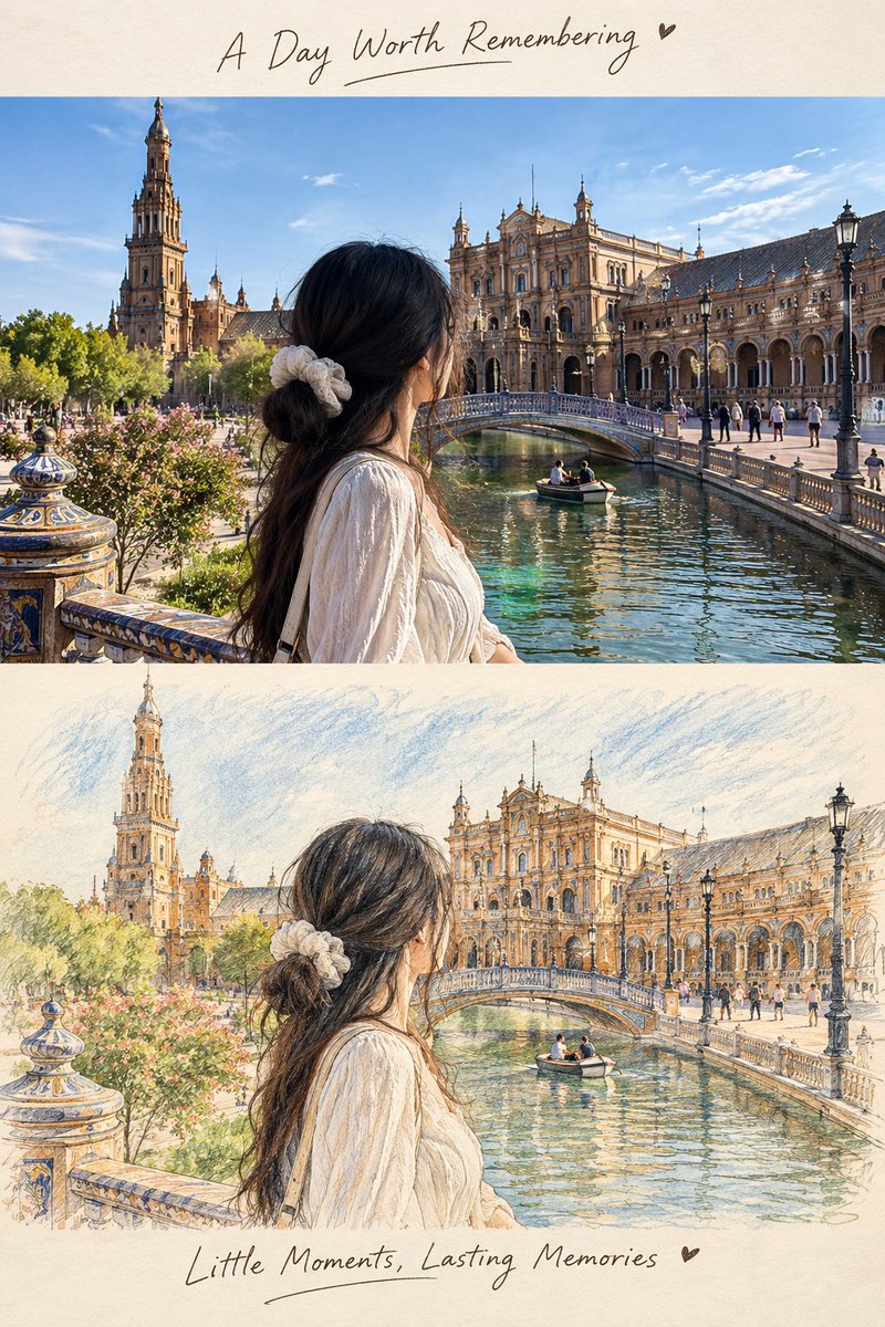 创建一个高级的竖版旅行日记海报,采用精确的 50/50 对半分割布局。, 图片 2