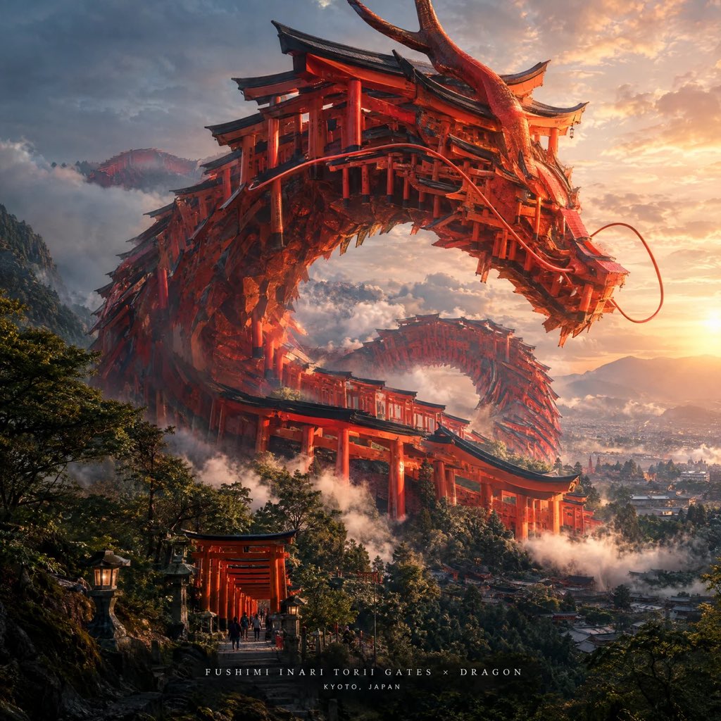 创建一幅壮观的 4:5 竖版电影感艺术作品，将 [FAMOUS STRUCTURE]（著名建筑）变形成一个 [OBJECT]（物体）的巨型版本…, 图片 4
