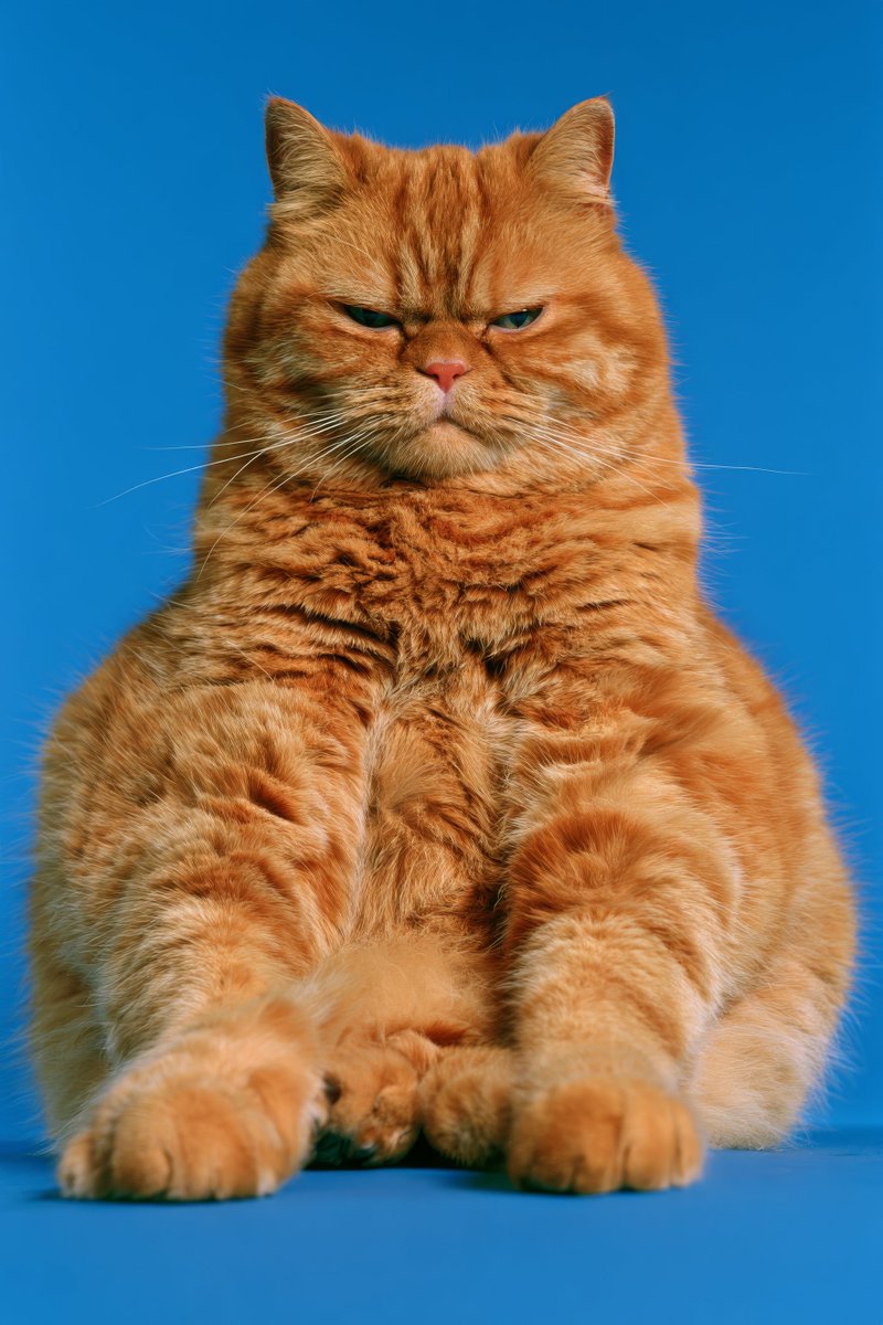 一场前卫高端时尚摄影,拍摄一只肥胖、体格壮实的橙色虎斑猫,让人联想到加菲猫,以全身姿态呈现。采用严苛的地面高度虫眼视角拍摄,巨大、蓬松的爪子向…, 图片 1