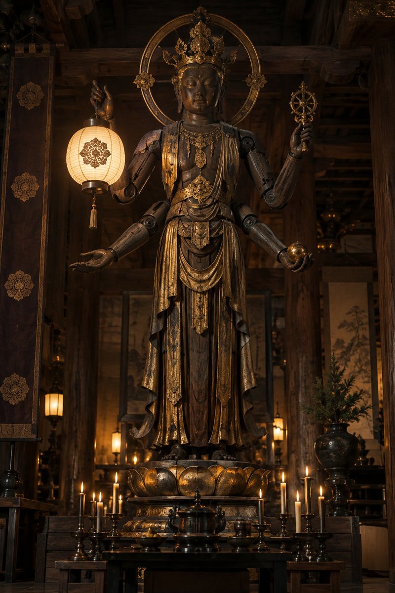 A photorealistic shrine interior. A standing automaton of dark hinoki wood and …