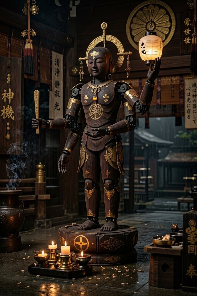 逼真的神社内部。一座站立的自动机械,由深色桧木与金箔制成,四臂,手持一盏真正的纸灯笼,关节为烧黑的铁。无人。其脚边有一簇蜡烛,金光闪烁。配色:…, 图片 2