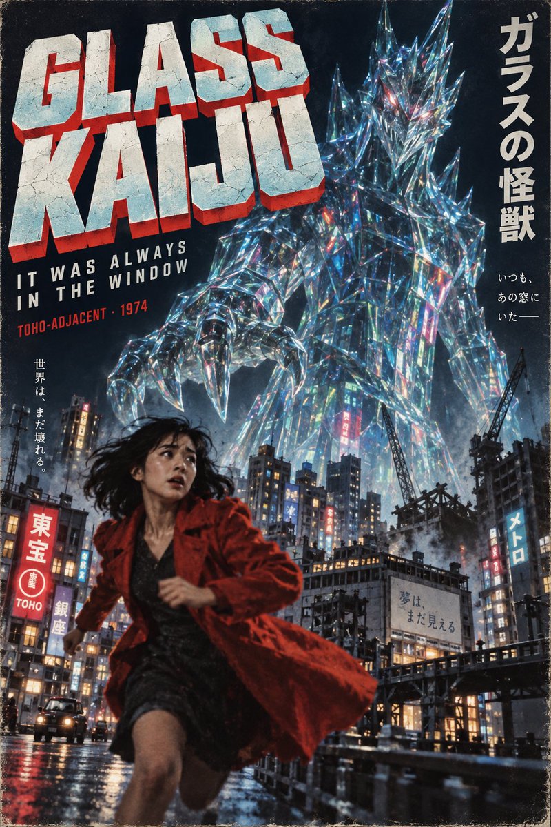一幅日本怪兽电影海报，插画风格，微缩夜景城市。画面前景中一位身穿红色大衣的女子正在奔跑；她身后是一只透明玻璃怪兽，高耸如教堂，正折射着霓虹灯光…, 图片 1