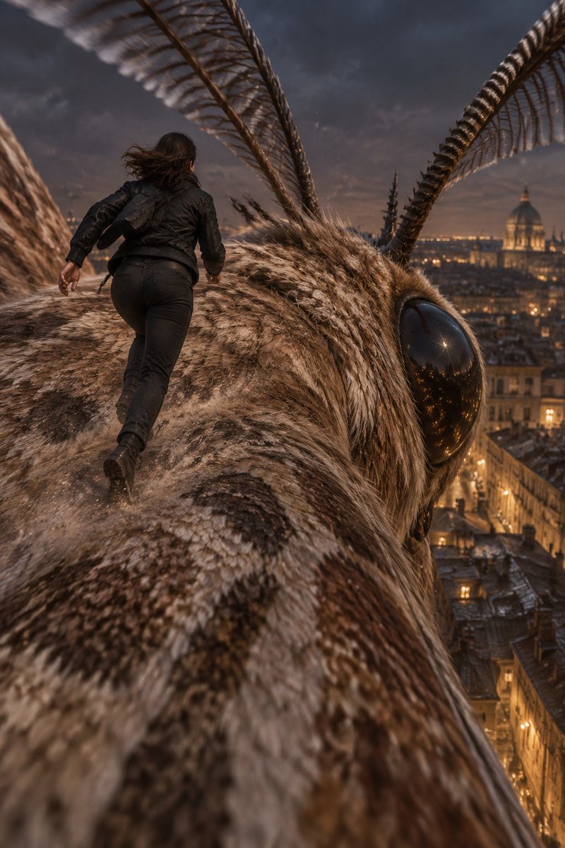 A photorealistic scale-action frame. A woman in a black flight jacket runs alon…