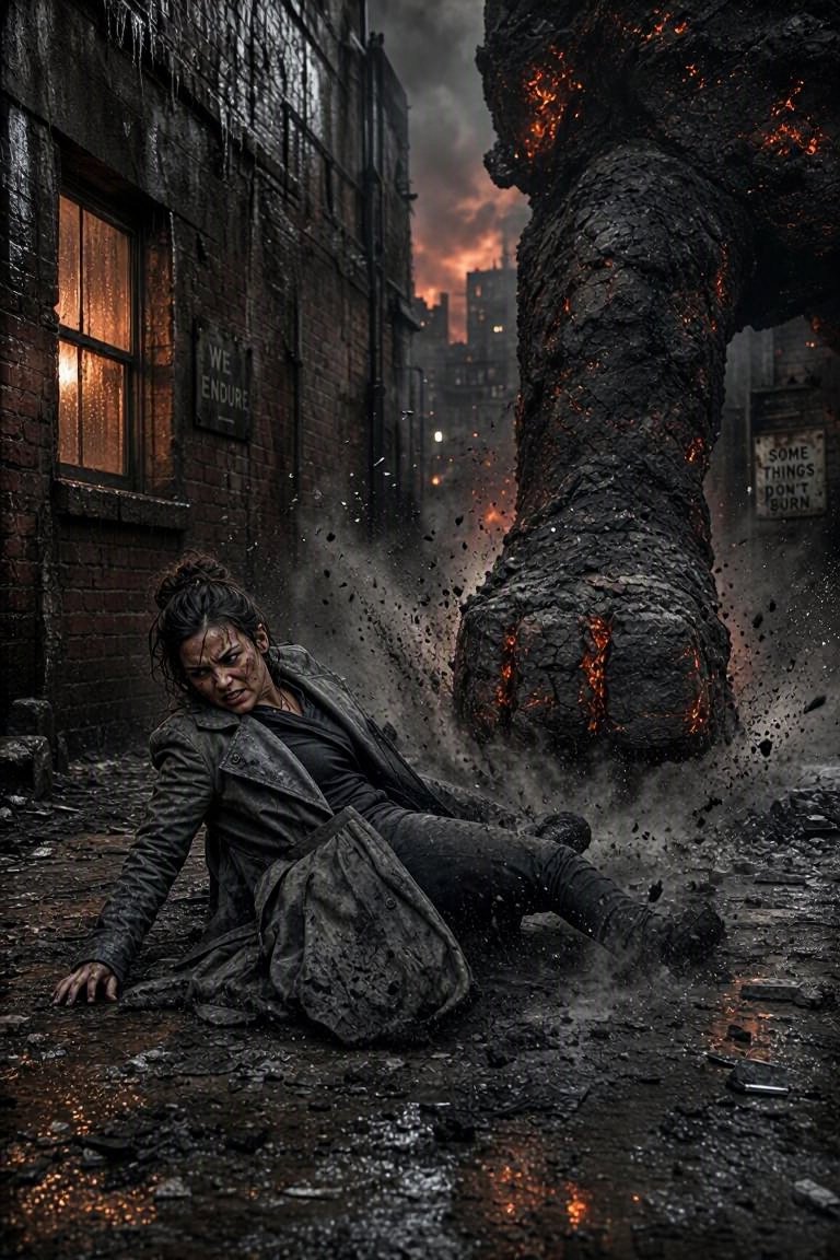 写实的巷战动作场景。一个身穿灰色外套的女人侧身滑地,从一个由压实的木灰与煤渣构成的巨像(歌利亚)踏下的脚下穿过;那只脚有一米宽,灰烬呈环形爆开…, 图片 2