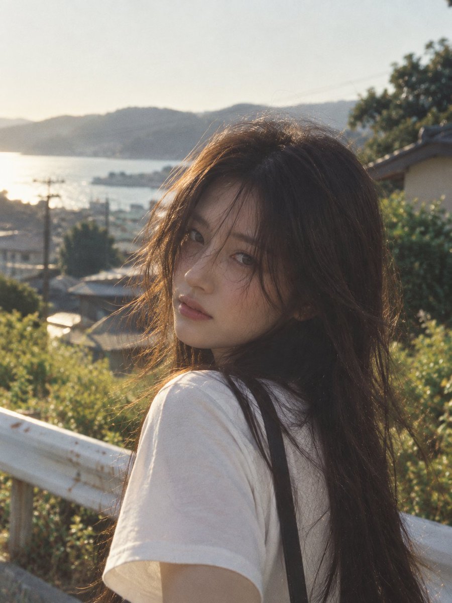 一张高度照片级写实的抓拍户外人像肖像:一位全新的年轻成年亚洲女性,在黄金时段伫立在一处宁静的海岸山坡上。她拥有长而自然蓬松的深棕色头发,被海风…, 图片 1