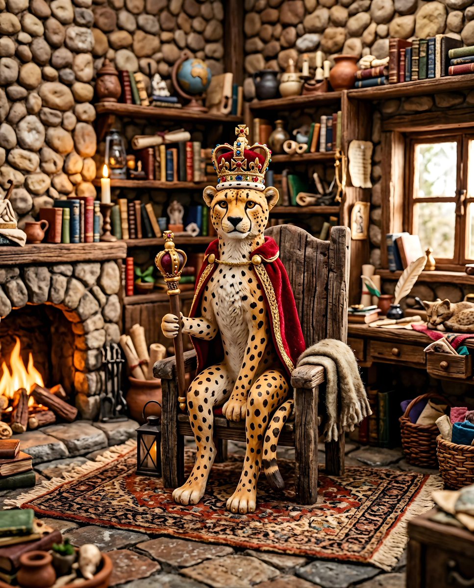 A regal stop-motion claymation style cheetah, adorned with a jeweled crown and …