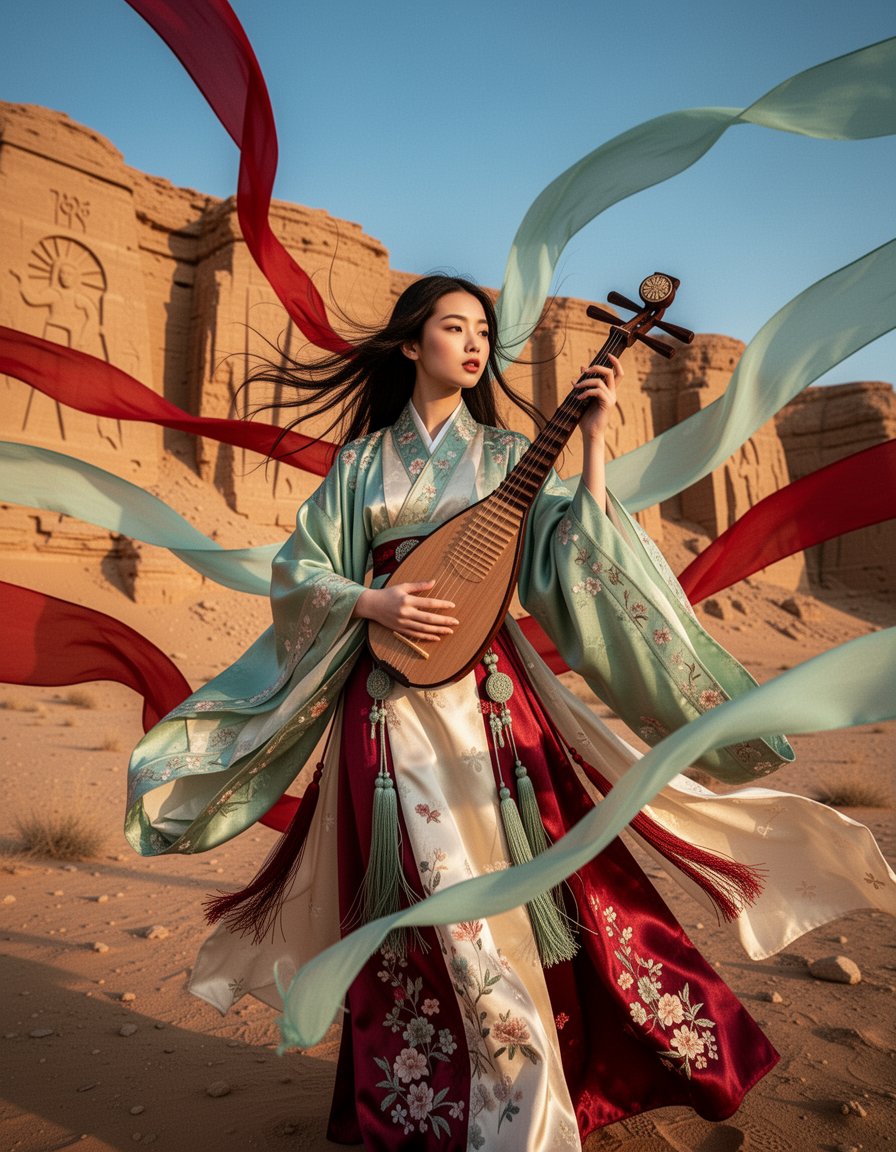 Cinematic wide-angle portrait of a young woman in ornate flowing hanfu-style ro…