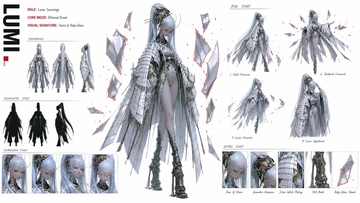 在纯白背景上以 16:9 宽屏布局创建一份高级、现代高定时装 CHARACTER CONCEPT ART SHEET（角色概念设定图）。所附参…, 图片 1