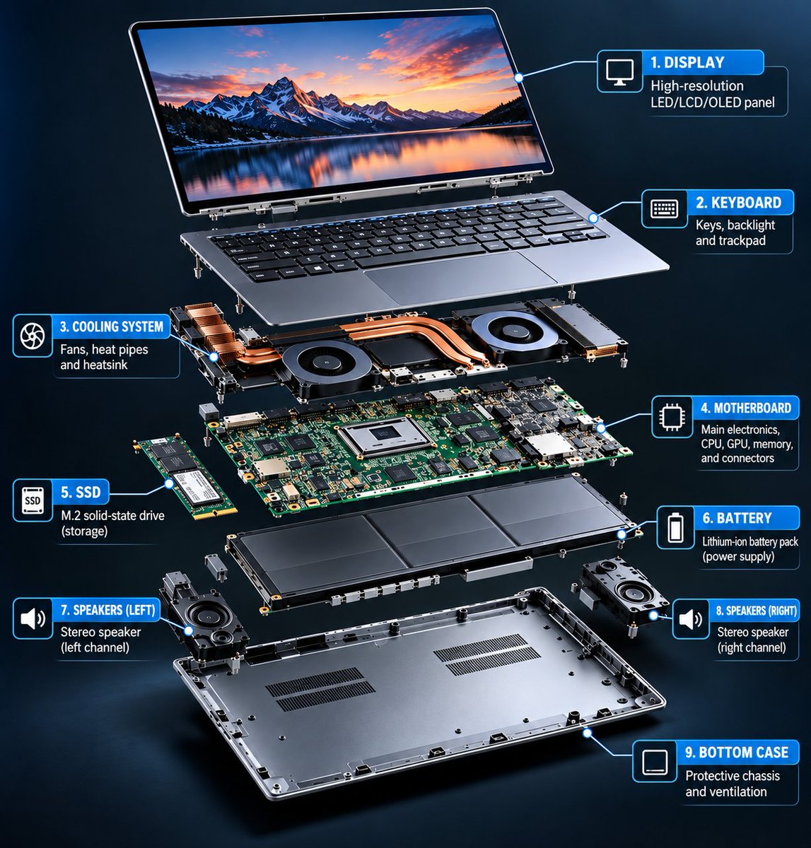 /exploded view of a modern laptop showing the display, keyboard, batter…, 图片 1