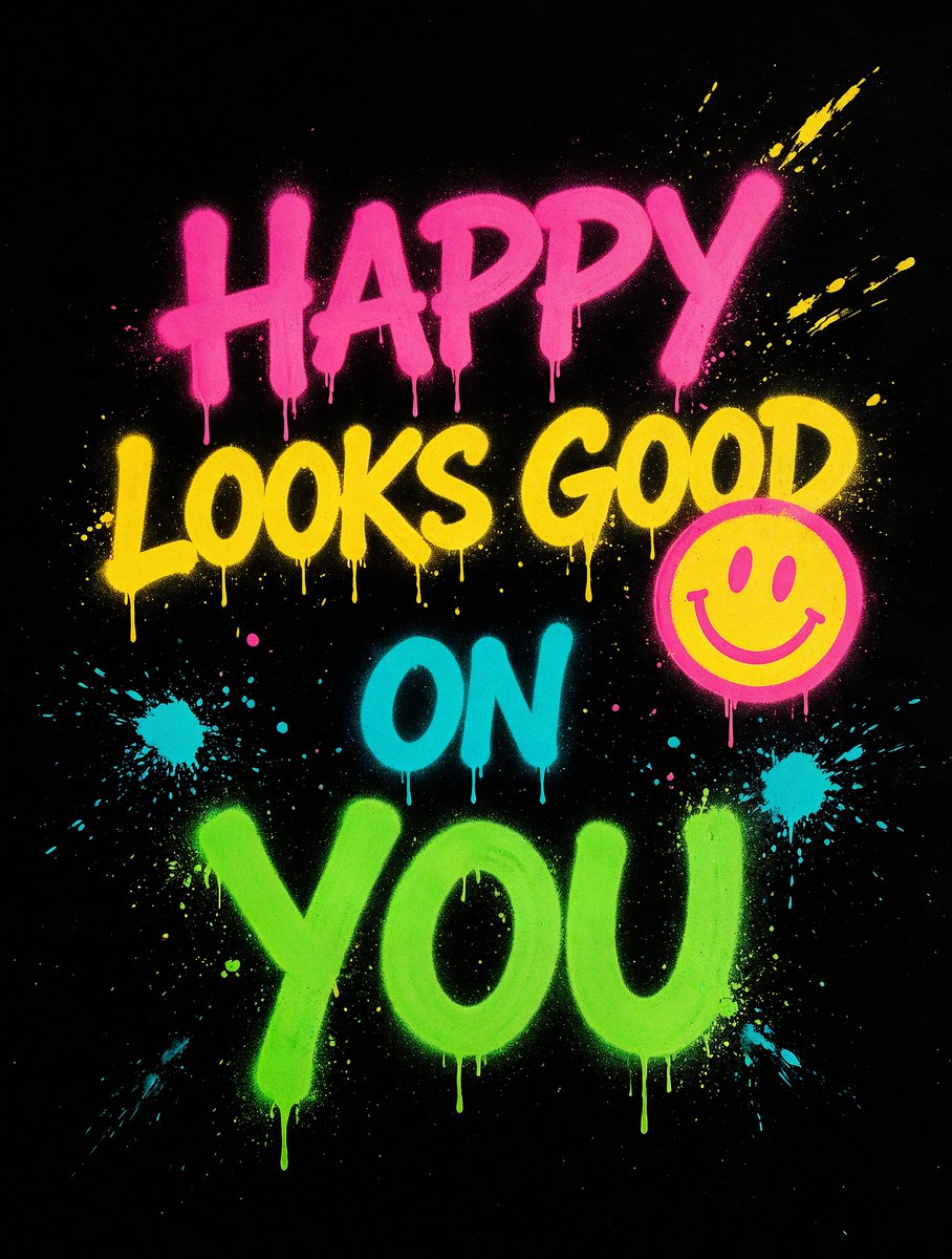 黑色背景配以粗体清晰、喷漆涂鸦风格的文字,内容为 'HAPPY LOOKS GOOD ON YOU',高对比度图形海报风格,动感的不对称布局,…, 图片 1