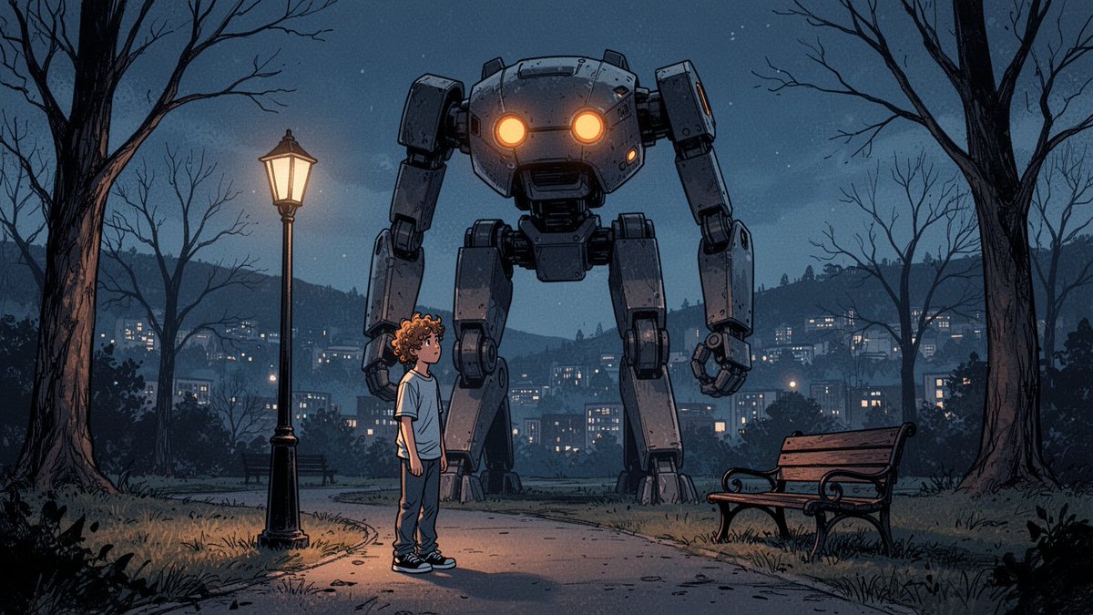 "Moody blue-hour park scene, a huge quadruped robot with glowing orange eyes to…