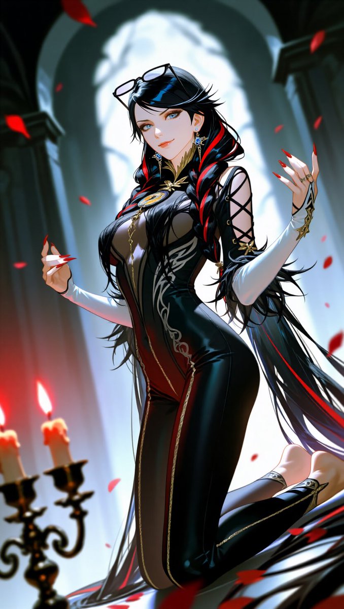Bayonetta as a confident witch, in an ultra-detailed 8K photorealistic anime-st…