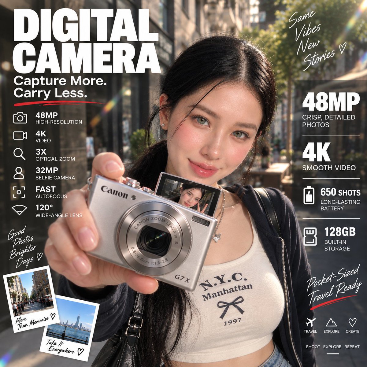 创作一张高端、照片写实风格的数码相机广告海报，采用大胆现代的编辑设计风格。, 图片 1