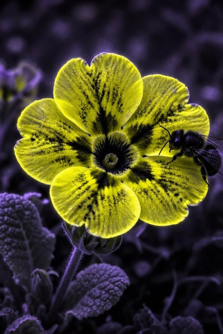 超写实科学风格的报春花图像,仿佛在紫外线下所见:花瓣边缘呈现电光黄,花喉处呈现靶心般的黑色,花蜜导引如跑道灯般排列,一只蜜蜂以深色剪影停在边缘…, 图片 2